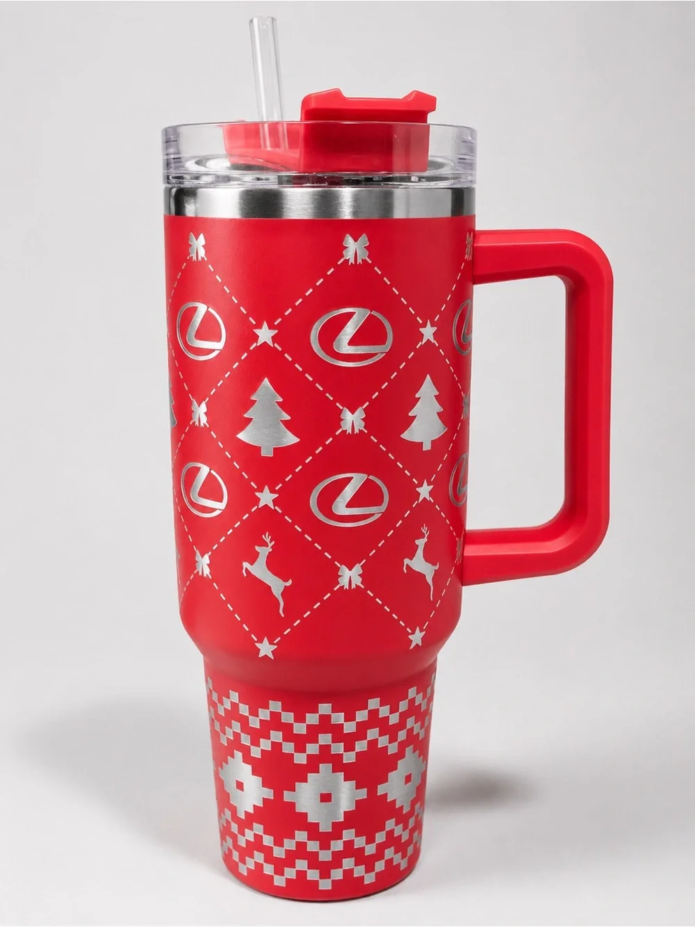 40oz Hand Crafted Red and Silver Holiday Travel Mug with Handle